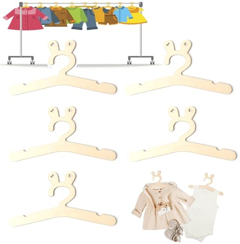 Vastsea 5 Pezzo Appendiabiti per Bambini, Gruccia in Bambole legno Naturale, Grucce Appendiabiti in Legno per Vestiti da Bambino, per Appendere i Vestiti Dei Bambini (Orecchie da Coniglio)
