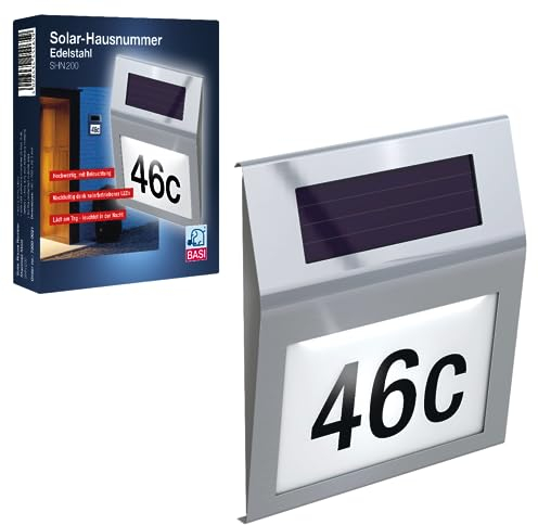 BASI | Solar Hausnummer aus Edelstahl | Beleuchtet für den Außenbereich | mit Zahlen- und Buchstaben Set
