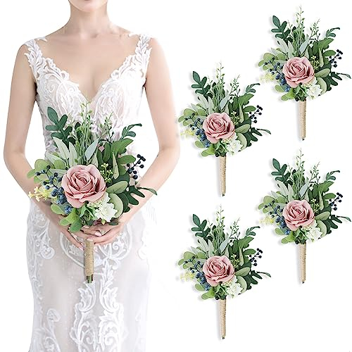 SEMONONIA 20,3 cm Brautjungfernsträuße Set von 4 – künstliche Blumen, Grünstrauß für Hochzeit, kleiner Blumenstrauß für Zeremonie, Jahrestag, Heiratsantrag, Tafelaufsatz, Dekorationen – Altrosa