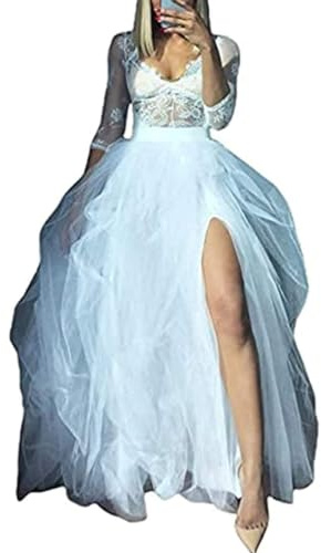 Vestido largo tutú con abertura alta para mujer, falda larga de tul con volantes y encaje de malla, vestido de noche de varias capas hasta el suelo, falda de fiesta de noche de boda, Blanco, Talla