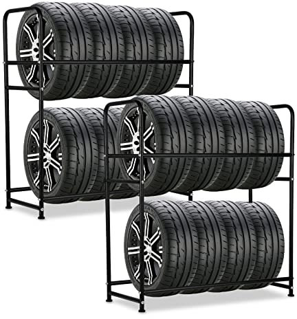 Daromigo Reifenregal 8 Reifen Reifenständer max. 180kg, Reifenhalter 107 x 46 x 117cm, Höhenverstellbare Regale für Autoreifen, Metall Lagerregal Relgenregal für Garage Keller (2 Set)