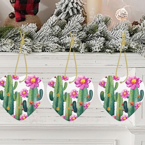 Décoration de Noël en forme de cœur à suspendre pour sapin de Noël - Cactus Fleur - Arbre de Noël en céramique à suspendre pour décoration de vacances