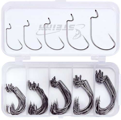 Steinn Offset Haken Set 50 Stück | mit Kunststoffbox | Für Gummiköder, Gummifische & Jigging | Hochwertiger Carbon Stahl | Angelhaken Set für Süß- & Salzwasser