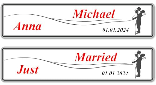 2X Hochzeit Autoschild mit Wunschtext Hochzeitsschild Hochzeitsauto Kennzeichen aus Aluminium Digital Druck (Brautkleid Silhouette)