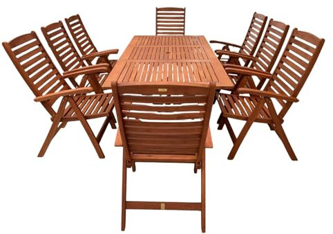 Rattanland® Gartenmöbel Set Holz, Gartentisch Ausziehbar Wetterfest mit Regenschirmloch Bradford 200 x 100 x 75cmH mit 8 Stühlen Calgary 5 Positionen (FSC®- zertifiziertes Holz)