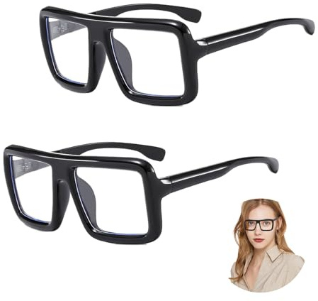FUIPVGI 2 Stück Übergroße Brille, Retro-Brille mit großem Rahmen, dicker schwarzer Rahmen, klare Gläser, quadratische Brille, Mode- und Kostümzubehör, klassische Kunstbrille, Nerd-Spaßbrille (schwarz)