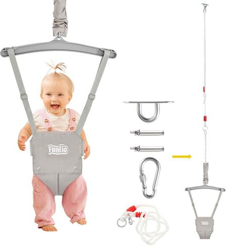 FUNLIO Baby Türhopser mit Deckenhaken für 6–24 Monate, Baby Hüpfschaukel für Drinnen und Draußen, Kleinkind Türhopser mit Verstellbarer Kette, einfach zu Montieren und Aufzubewahren - Grau
