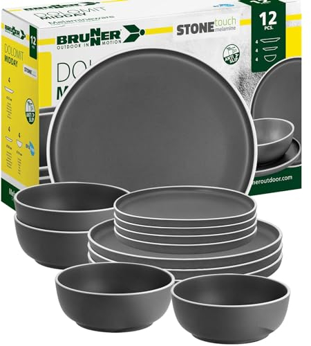 BRUNNER: Melamin Geschirr-Set Camping | 12-Teilig - Teller & Schüsseln für 2-4 Personen | DOLOMIT Midday - Stapelbar, Kratzfest