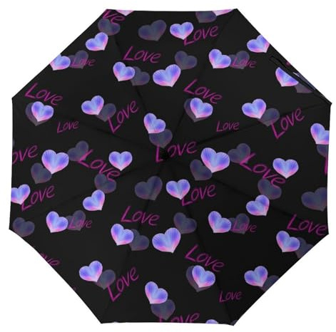 Hearda Manual Umbrella Windproof Strong, 3D Love Heart Pattern 8 Ribs Folding Sun Umbrellas UV Portable Umbrella Waterproof Windproof Travel Umbrella for Women Man Kids (Purple Love Heart)