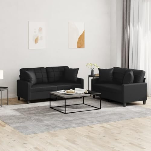 Sufrk 2-TLG. Sofagarnitur mit Kissen Schwarz Kunstleder 2 Sitzer Sofa Mit Schlaffunktion Mini Sofa