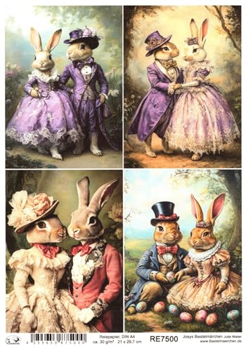 Josys Bastelmärchen Reispapier DIN A4 Strohseide Decoupage Ostern Vintage Hase im Anzug Kleid RE7500