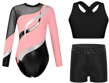 Yruioon 3Pcs Mädchen Turnanzug Langarm Gymnastikanzug Glitzer Ballettanzug + Sport BH Tops + Shorts Gymnastik Leotard Wettbewerb Tanzkostüm C Rosa 134-140