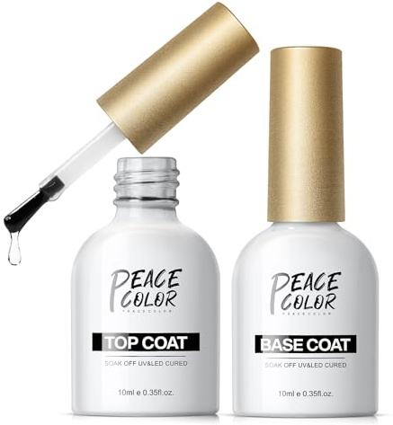 PEACECOLOR Top and Base Coat Set- 2Pcs 10ML No Wipe Gel Top Coat and Base Coat Set,Shine Finish Long Lasting Nail Art Manicure Pedicure for Home DIY & Nail Salon