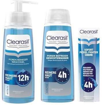 Clearasil Poren Reiniger Waschgel 200ml + Poren Befreier Gesichtswasser 200ml + Sofort Pickel Fighter Creme 15ml - Effektive Pflege gegen Pickel & Mitesser für reine Haut