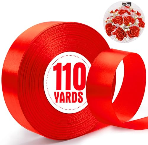 XSEINO Nastro di raso rosso, bianco, rosa, 3,8 cm x 90 m, per bouquet di fiori, confezioni regalo, nastri per artigianato, fiocchi per capelli, decorazioni per feste di nozze, cucito, biglietti