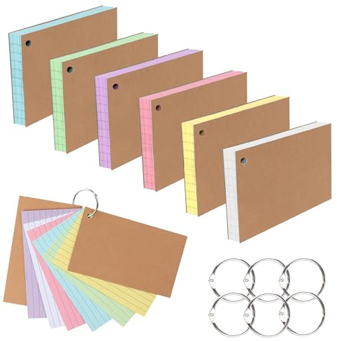 JUNART 300 PCS Index Cards, 6 Colours × 50 Sheets Kraft Cover Sturdy and Long-Lasting, with 6 Key Binder Rings for Easy Carrying, Suitable for Study and Office Use