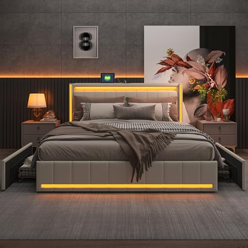 KSFASHZ säng 140x200 USB LED sängbord, dubbla lådor vadderad ram
