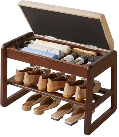 Aibiju Skoförvaringsbänk med kudde, 2 nivåer massiv träskobänk med flip-topp-förvaring, 60 cm skohylla bänk för entré, vardagsrum, hall, sovrum, valnötsfärg YD-WD060B
