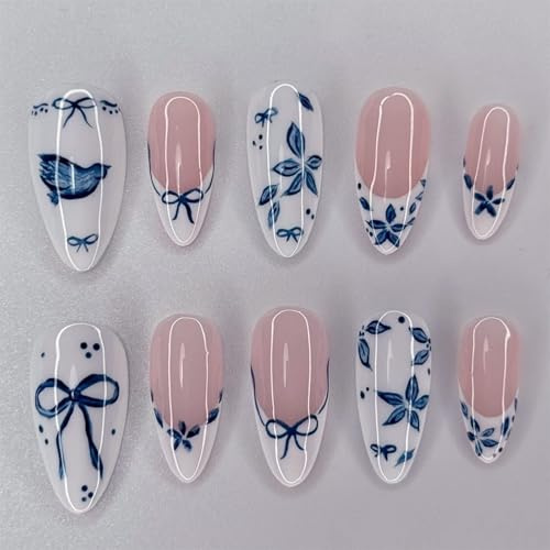GlamRays 24 Stück Blau Rosa Blumen Aufkleber-Nägel, mittelgroße Mandel-French-Tip-Falschnägel mit Schleifen-Design, weißem glänzendem Überzug