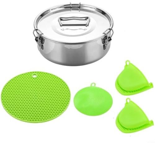 EpheyFIF Pentola a vapore in acciaio inox per pentola a pressione con manico in silicone Pad Brush Pot in Pot Cottura Cheesecake Lasagne Riso Verdure Argento Verde 19,5 x 19,5 x 7,5 cm