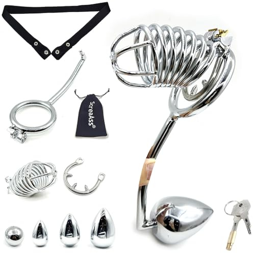 ScreaAss 3 in 1 Metall Peniskäfig Großer Chastity Cage Männer 4 Größen Analplug Analhaken Cockringe Mit CBT-Stachelring Und Gürtel Belüfteter Keuschheitskäfig Herren Bondage Sex Spielzeug,Silber,50mm