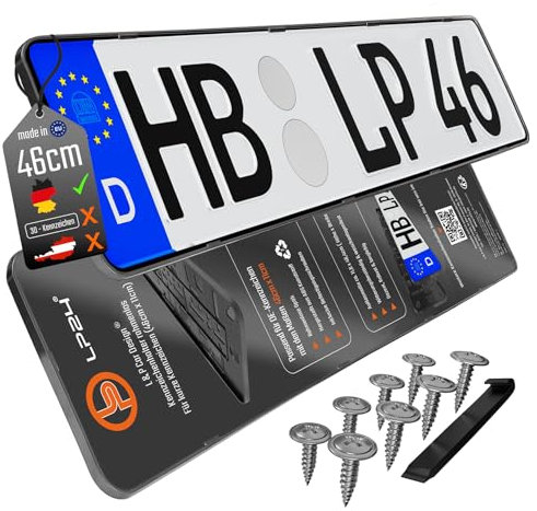 Soporte para matrícula sin marco, 460 x 110 mm, incluye 8 tornillos [discreto y seguro], soporte para matrícula de coche, color negro, 2 unidades