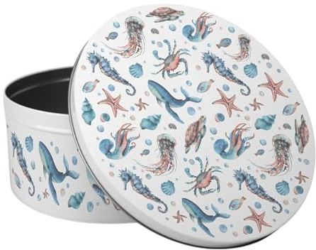 Purely Home Sea Life Large Cake Tin - Coastal Creatures & Ocean Themed Kitchen Gifts - Round Metal Storage Container for Baking 23 x 10cm