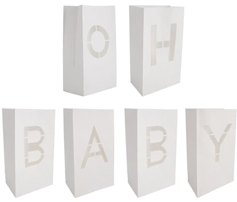 Buachois 6Pcs Light Paper Bag, White Luminary Bags, Oh Baby Sign Letters Decorative Flame Proof Candle Lantern Bag for Newborn Arrival Baby Shower