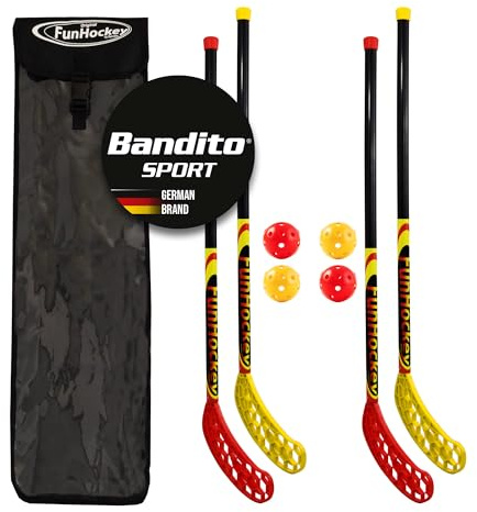 Bandito FunHockey Schlägerset inkl. Bälle und Tasche für Kinder, Floorball für Garten, Floorball Stick, Streethockey Outdoor, Linkshänder, Rechtshänder, 4 Bälle, 4 Schläger, 1 Tasche