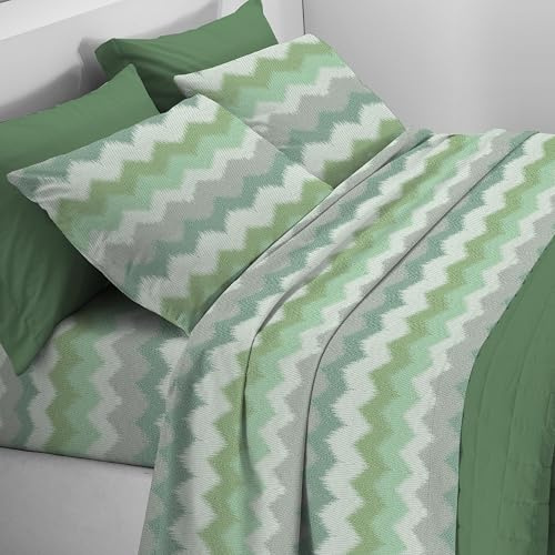 Mahome Set Completo Letto in Pregiata Flanella 100% Cotone con Trattamento Antipalline - Completo Lenzuola Caldo Cotone Morbide Artigianali Alta Qualità Made in Italy (Misson Verde, Piazza e Mezzo)