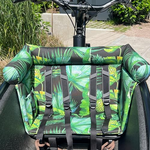 Blausberg Baby - Lastenrad Kissen für Urban Arrow Family & Family Next, Sitzkissen, Zubehör, Wetterfestes Sitzpolster - Grün Ananas Dschungel