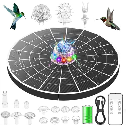 AISITIN 9W Solar Water Fountain, Colour Changing Lights 6600mAh Battery with Remote Control, Solar Fountain Pump for Bird Bath Garden Pond Patio, 14 Nozzles and USB Charging Cable Included