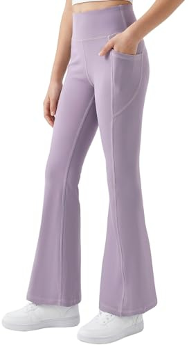 JinBei Flickor utsvängda leggings hög midja barn stretchiga atletiska skolbyxor med fickor yogapanter klockunderdel bootcut byxor lätta kläder för dans vardagliga sporter, 7-13 år