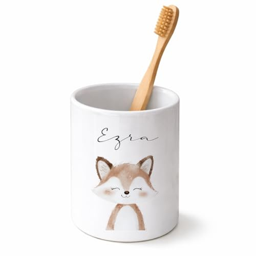 Personalisierter Zahnputzbecher für Kinder aus Keramik – Becher mit Wunschnamen & Tiermotiv, beidseitig Bedruckt – Zahnbürstenbecher fürs Badezimmer (Fuchs)