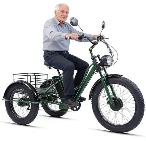 Wasd3Pods Fat-Tire-Dreirad Für Erwachsene Mit Korb – 20-Zoll-Elektro-Dreirad Mit Carbonstahlrahmen – 3-Rädriges Freizeitrad – Elektrisches Lastendreirad Für Senioren Green-noseat