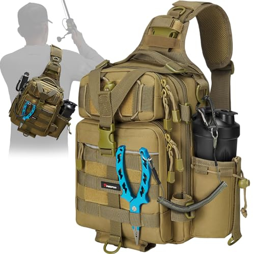 Piscifun Fishing Backpack Tackle Bag with 2 Rod Holders, Multi-Compartment Storage, MOLLE System, Water-Resistant Lightweight Outdoor Pack,Single Shoulder Khaki Standard
