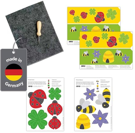 Familienmomente Bastelset zum Prickeln Käfer & Bienen (1x Mobile Bienen, 1x Mobile Glück, 2X Windlichter Käfer & Bienen) DIN A5, 100% Recyclingpapier mit Prickfilz und Prickelnadel