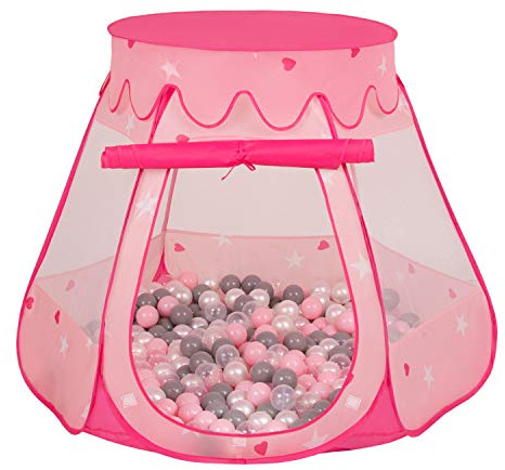 Selonis Tenda 105X90cm/100 Palline Castello Con Palline Colorate Per Bambini, Rosa:Perla/Grigio/Trasparente/Rosa Chiaro