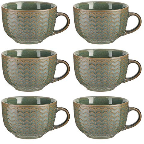 Dibor Set of 6 Large Green Mugs 400ml Distressed Tea/Coffee/Hot Chocolate Stoneware Coffee Cups Wedding Anniversary Housewarming Kitchen Gift