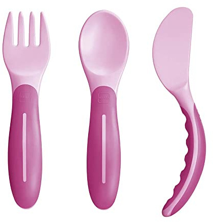 MAM Baby'S Cutlery Set Posate Antiscivolo,con Forchetta, Cucchiaio e Coltello, 6+ Mesi, Rosa