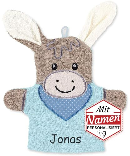 Sterntaler Spielwaschhandschuh Esel Emmi, mit Namen bestickt, personalisiert als Babygeschenk zur Geburt & Taufe, Waschhandschuh/Waschlappen für Baby, Kinder, Kleinkind, Blau