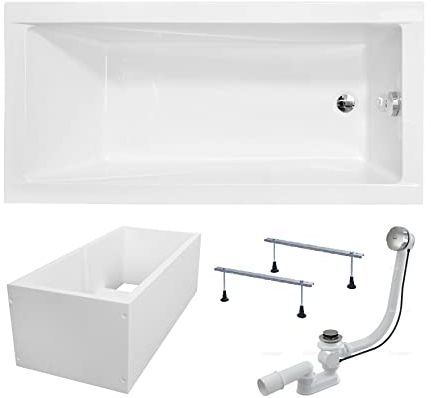 BADLAND Badewanne Original Weiß Acryl Wanne Rechteck MODERN SLIM 140x70 KOMPLETTSET SET mit Premium Wannenträger + Füßen und Exklusive Chrom Automatik Ablaufgarnitur Made in EU 4in1