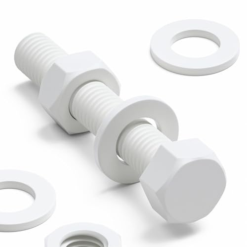 10x vis hexagonales blanches en PP M10 x 60mm, écrous et rondelles | Vis à tête hexagonale légères, résistantes à la corrosion, non conductrices et non magnétiques