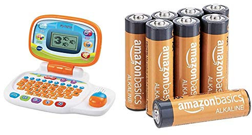 VTech 155403 Pre School Laptop Interactive Educational Kids Computer Toy with 30 Activities, White/Orange & Amazon Basics AA 1.5 Volt Performance Alkaline Batteries - Pack of 8 (Appearance may vary)