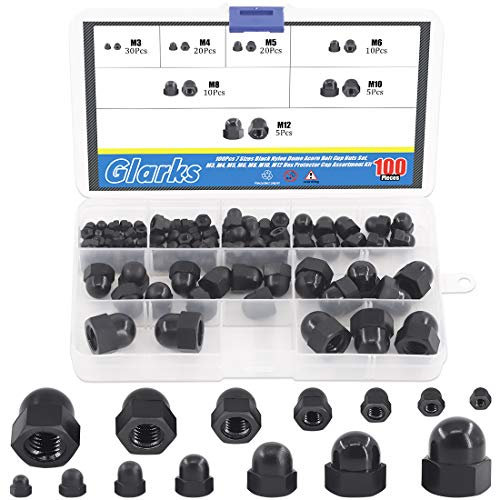 Glarks 100pcs 7 Sizes Black Nylon Acorn Hex Nuts Set, M3 M4 M5 M6 M8 M10 M12 Dome Head Decorative Hexagon Cap Nuts Hex Head Dome Acorn CoverNut for Protecting Hexagon Shaped Threads Studs and Bolts