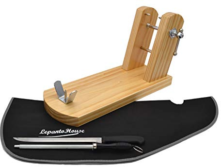 LEPANTO JAMONERO BUARFE Rioja con Set Negro EN Madera DE Pino para Profesional HOGAR +Cuchillo JAMONERO + CHAIRA + Cubre Jamon EN Color: (Natural)