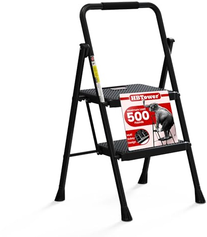 HBTower Step Ladder, Folding Step Stool with Wide Anti-Slip Pedal, Sturdy Steel Ladder, Convenient Handrail, Lightweight, Portable Steel Step Stool