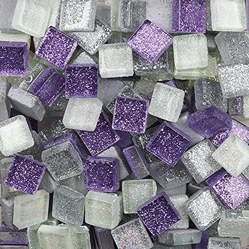 Bunte Glasmosaikfliesen,Bulk-Quadrat Mosaiksteine Glitzerkristall Glasstücke,Glasfliesen Glassteine für Basteln, Haus Deko, 200g, 1 x 1 cm(Lila Traum)