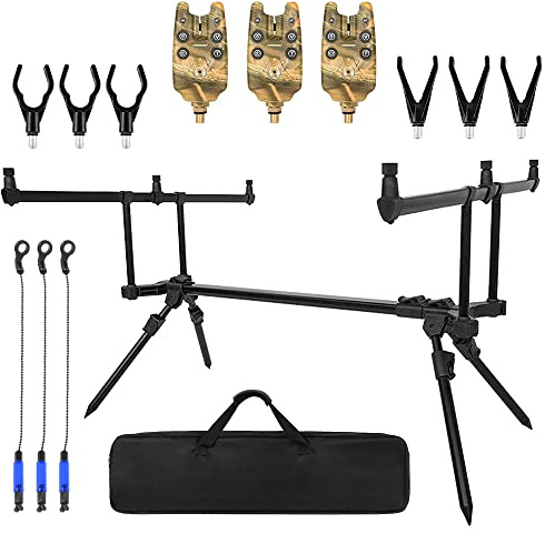 Taruor Adjustable Retractable Carp Fishing Rod Stand - Holder & Bite Alarm with 3 Fishing Bait Swinger Set