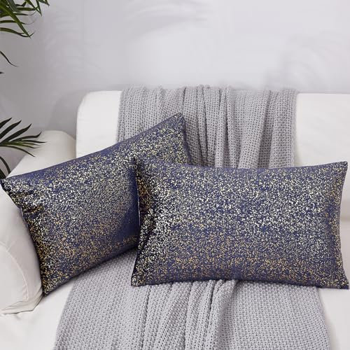 EUCIOR Set di 2 cuscini blu e oro, 12 x 20 cm, con motivo blu navy e stampa su entrambi i lati, decorazione in morbido velluto con chiusura a cerniera nascosta